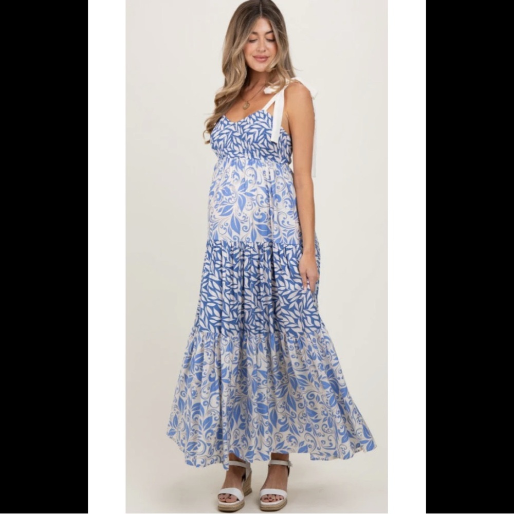 PINKBLUSH | Blue Leaf Print Shoulder Tie Maternity Maxi Dress